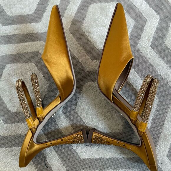 Sam Edelman Agustina Rhinestone Embellished Satin Mules in Golden Yellow 6 - Picture 7 of 11